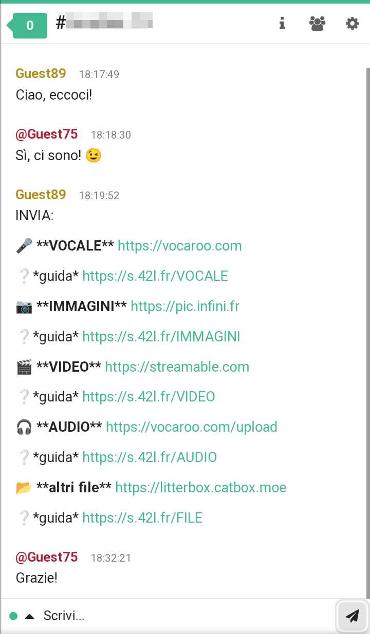 Screenshot di una conversazione su Libera Chat con alcuni messaggi di testo e link condivisi