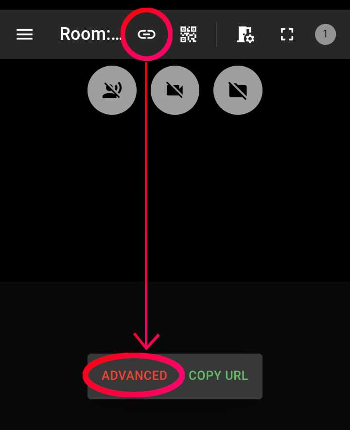Screenshot parziale di Chitchatter con evidenziate l’icona del collegamento e il pulsante Advanced, collegati da una freccia