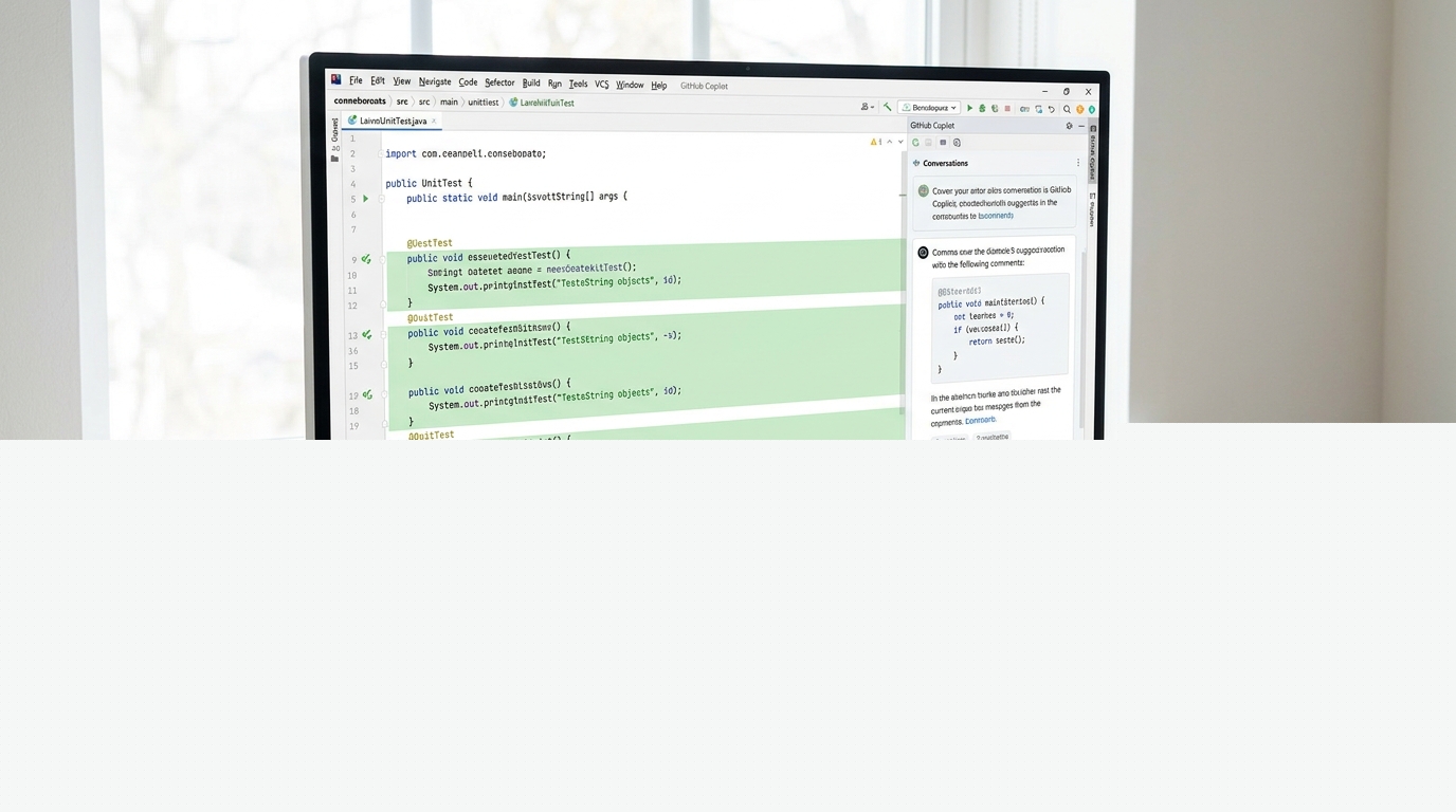 Screenshot of a Java unit test file in an IDE, with GitHub Copilot suggesting new test cases, demonstrating AI-assisted Java unit testing.