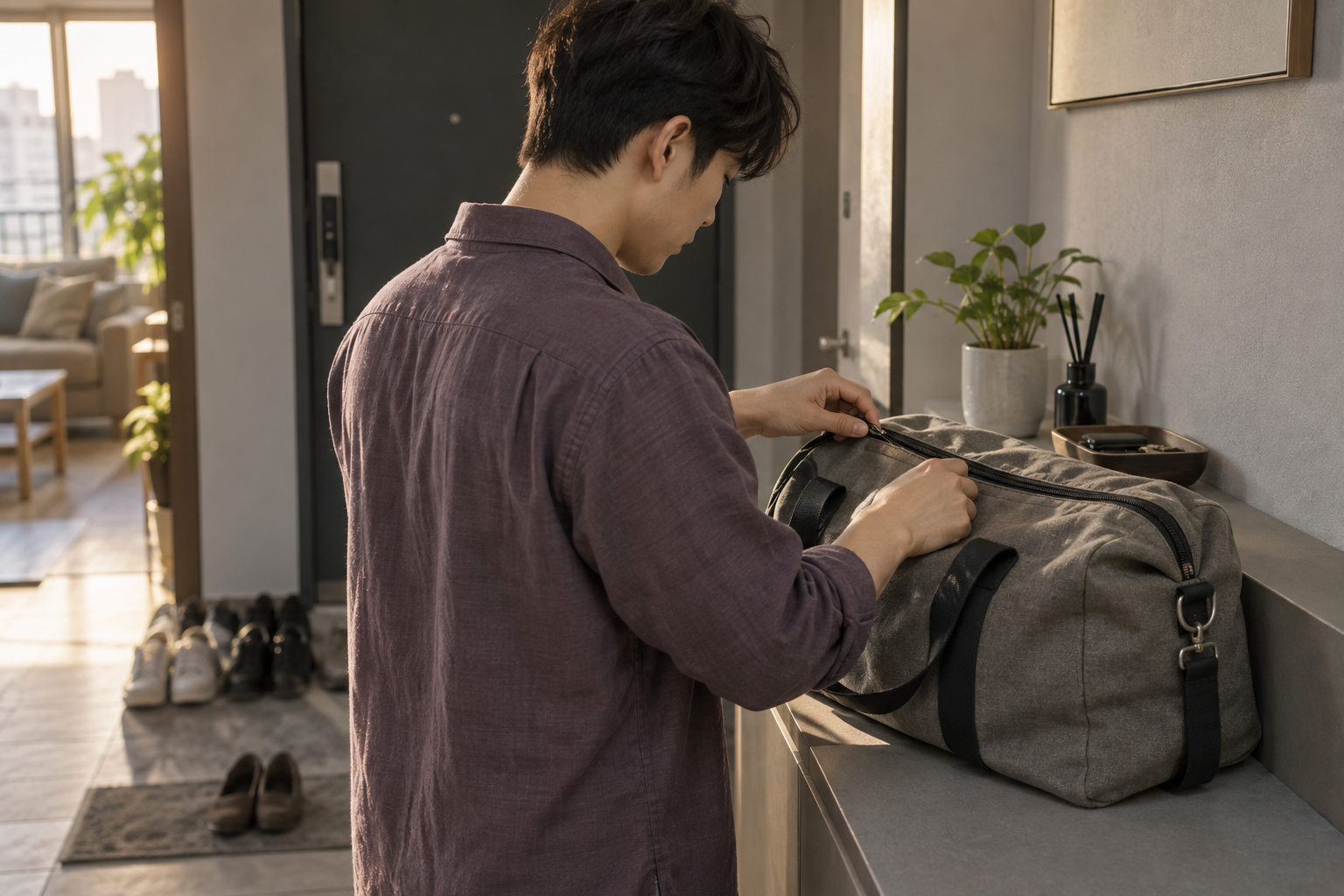 분실물 문의에 전달할 특징을 정리하려고 가방을 살피는 설명용 장면