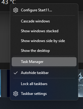 Right clicking taskbar to show Task Manager