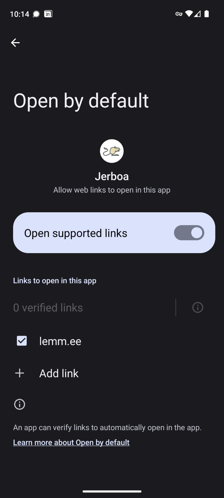 The "Open By Default" section in App Info for Jerboa