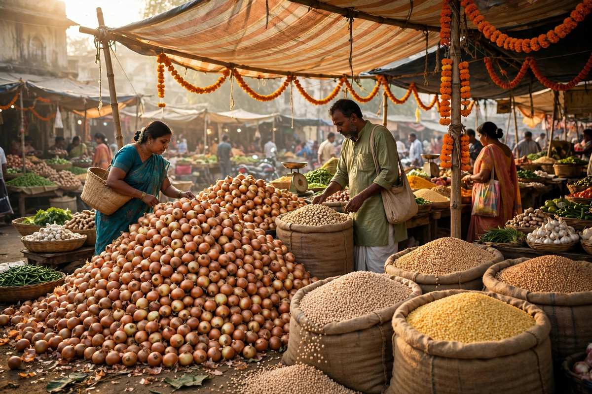 त्योहारी सीजन में भारतीय सब्जी बाजार में प्याज और चने के ढेर
