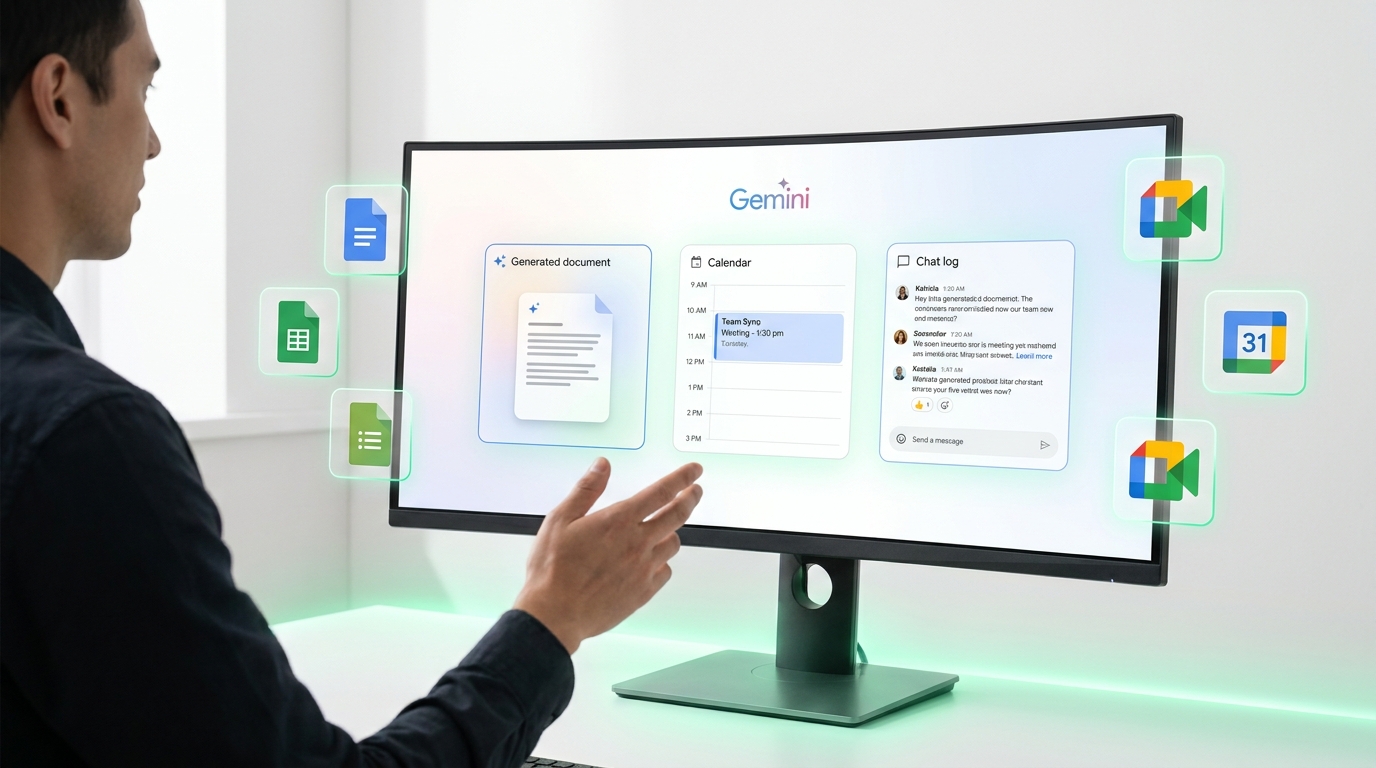 Screenshot of 'Ask Gemini in Chat' interface showing a user asking for a daily briefing and Gemini responding with a summary and suggested actions, demonstrating Google Workspace Intelligence.