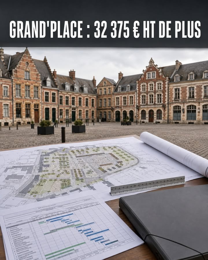 Plan de projet architectural déployé sur une table avec une règle et un carnet, devant la place du Grand'Place d'Arras.