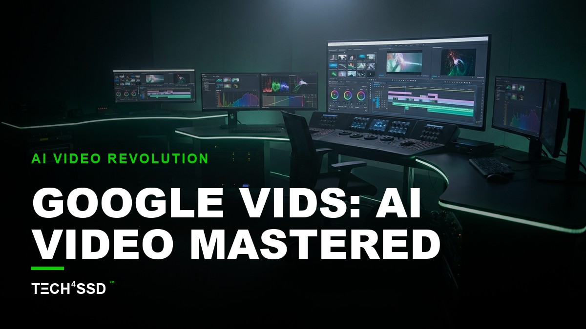 A sleek, futuristic interface for Google Vids with AI video editing tools, glowing neon accents, and a digital avatar in the foreground.