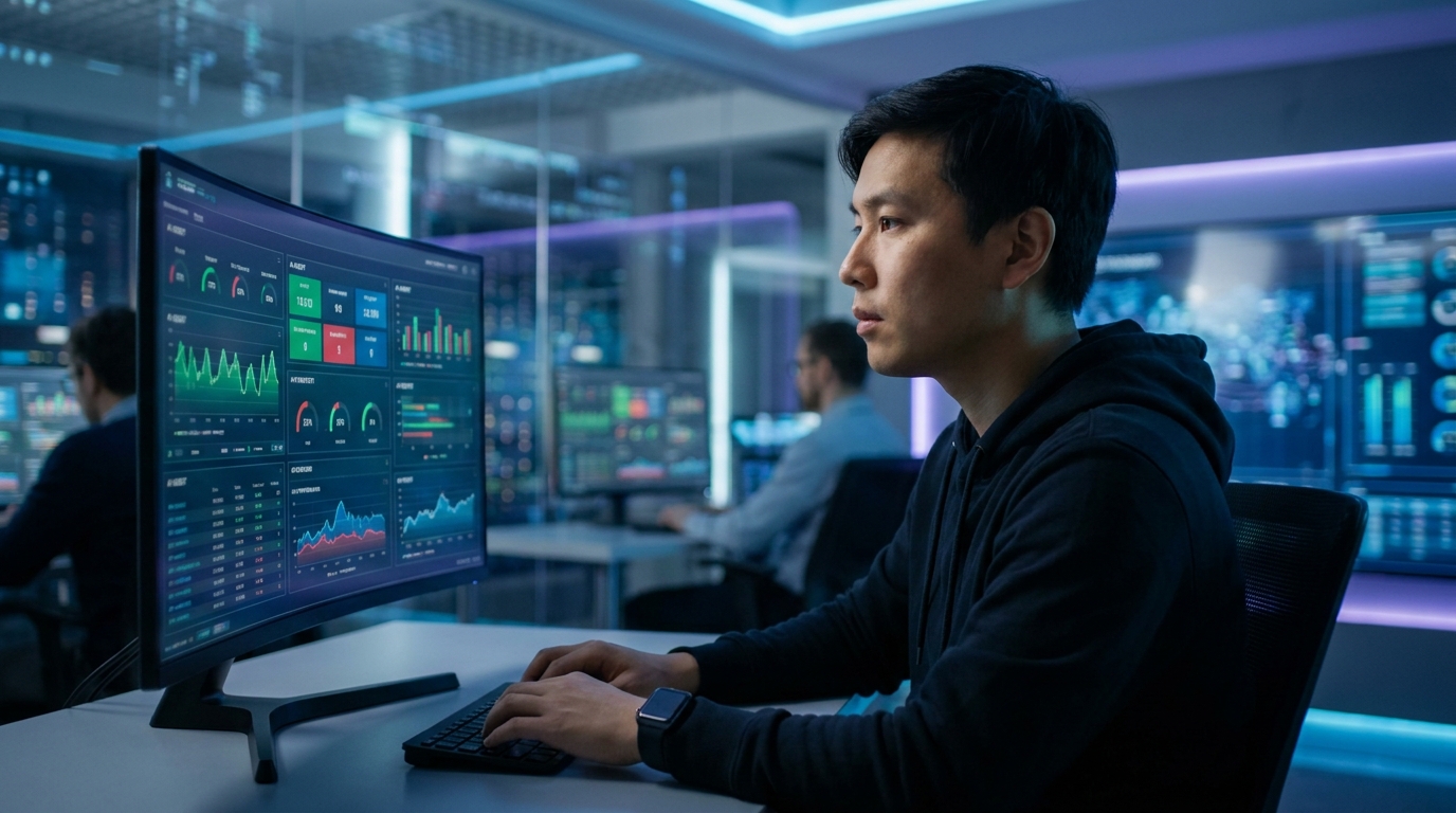 Person evaluating AI agent performance on a digital dashboard with green and red metrics, representing AI agent evaluation.