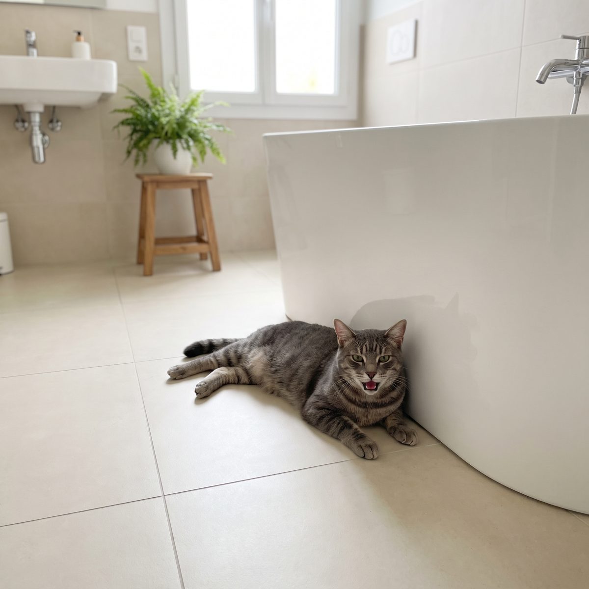 Chat qui halète près de la baignoire pendant la chaleur