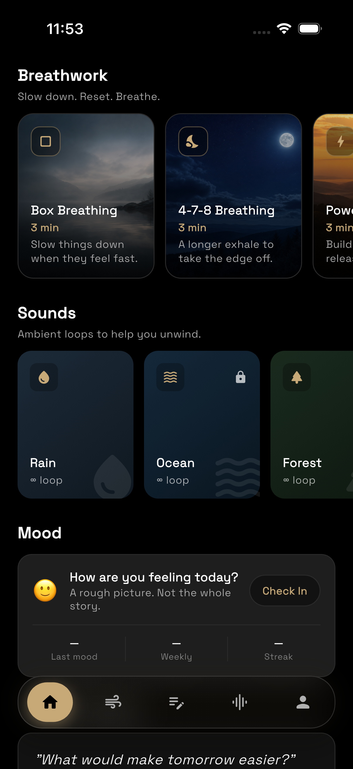 Notwell explore screen with breathwork and sounds