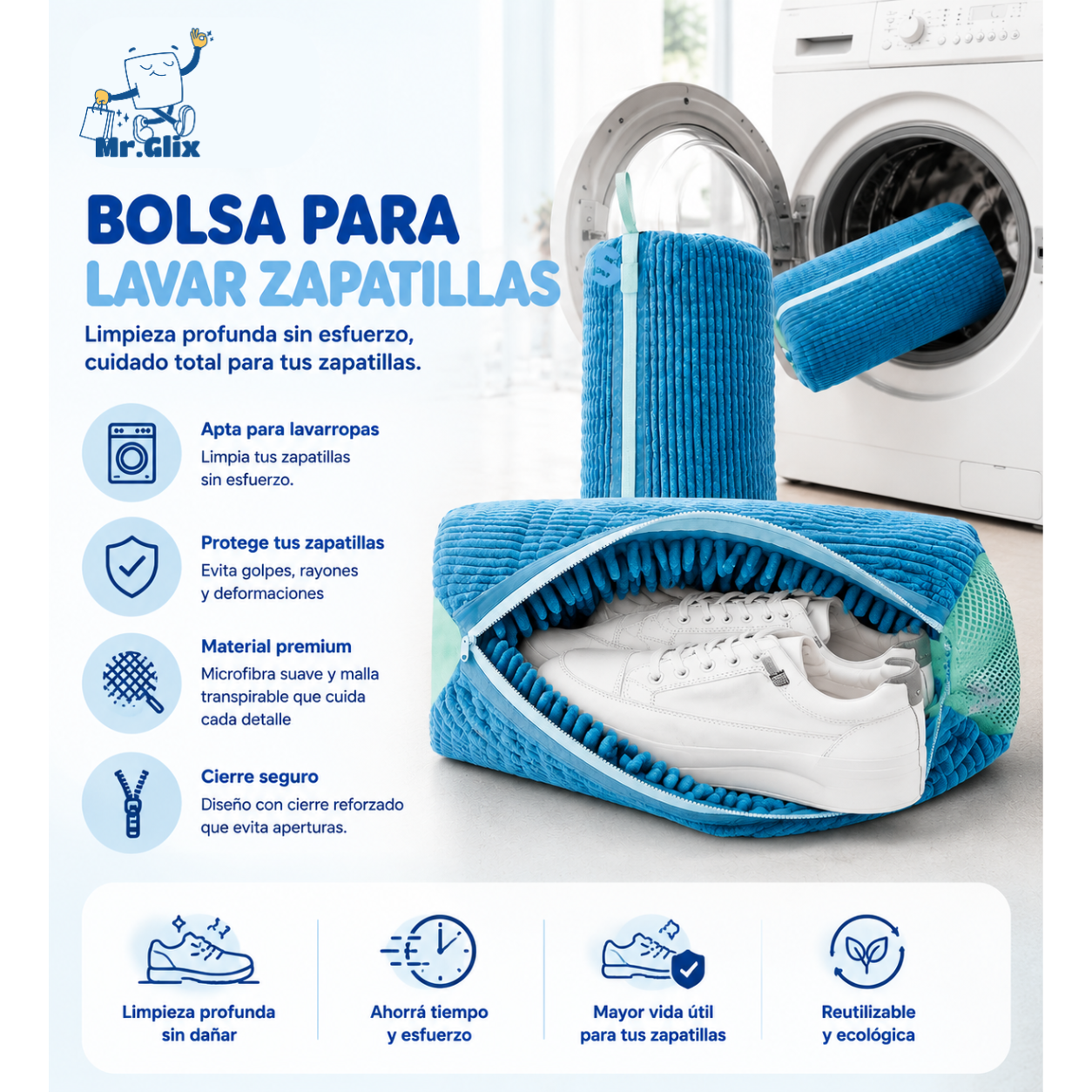 Bolsa para lavar zapatillas: apta para lavarropas, protege, material premium, cierre seguro