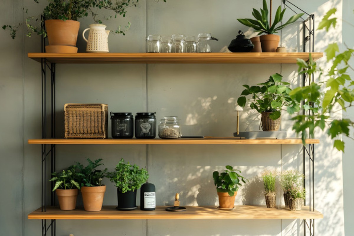 Floating wooden shelves styled with potted plants, terracotta pots, woven baskets and trailing greenery in natural light