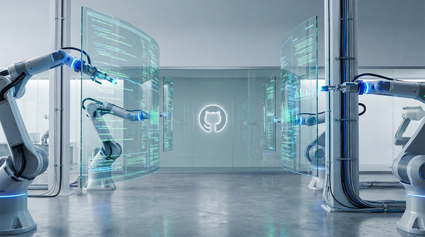 AI agents collaborating on a codebase in a futuristic factory, showcasing GitHub's Peli's Agent Factory.