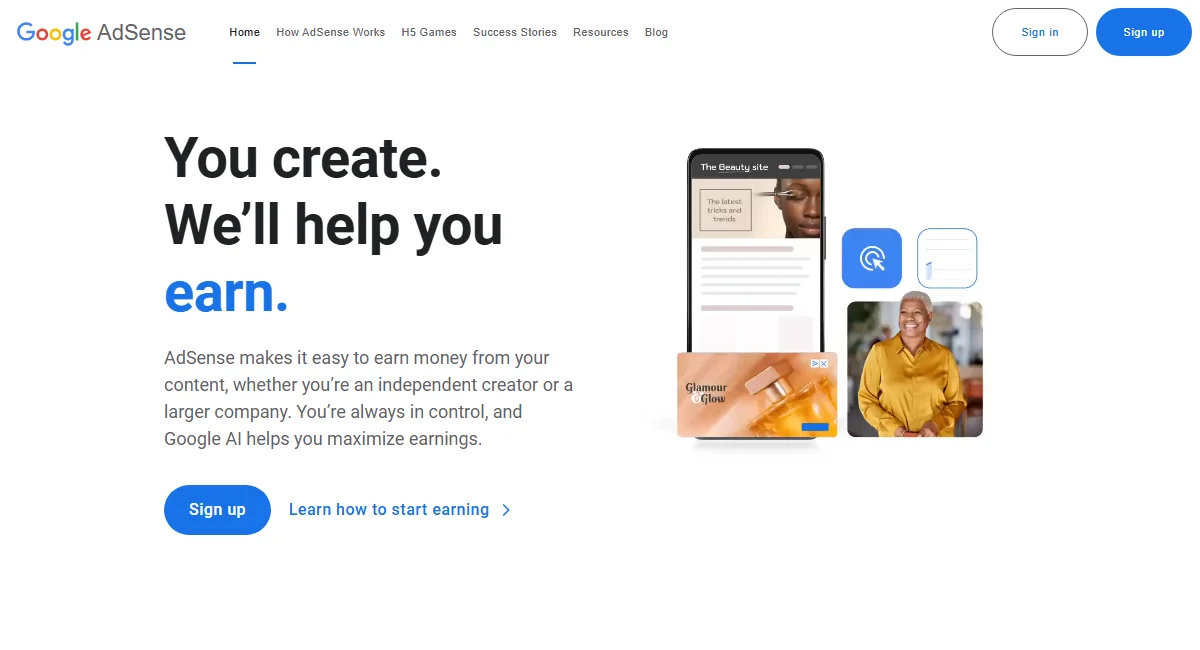 Google AdSense automated display monetization portal for digital publishers