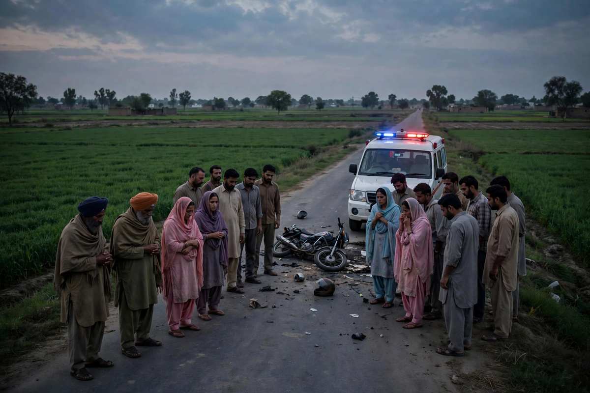 संगरूर में सड़क हादसे के बाद गांव की सड़क पर जुटी भीड़ और एम्बुलेंस