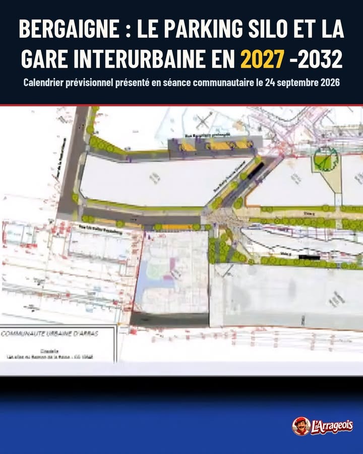 Projection d'un plan masse architectural montrant des zones vertes, des bâtiments et des voies autour d'une gare.