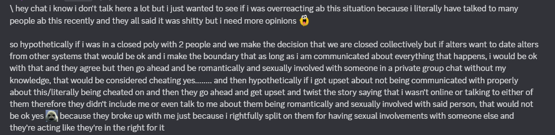 one of my vents in a friend server about this situation, as i don't have the doc that i sent to them anymore