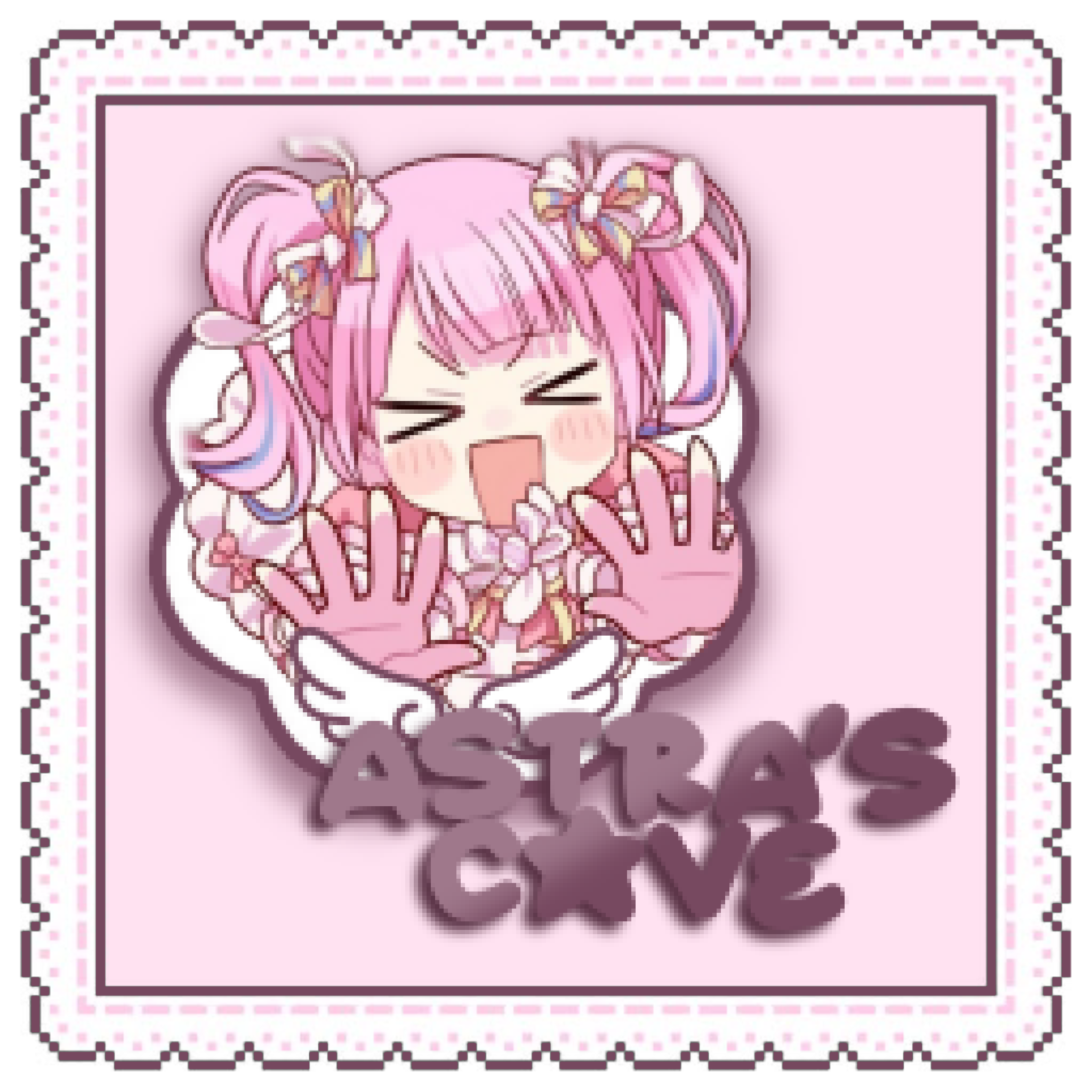 square stamp for the website. shows emu otori in the 4koma artstyle as her design from the 3rd world link inside a squiggly frame. the name of the website is shown in a star-like font