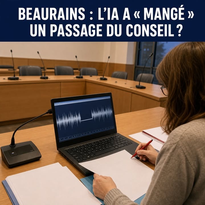 Une femme de dos écrit sur un document devant un ordinateur portable affichant une courbe d'audio, dans une salle de réunion avec des micros.