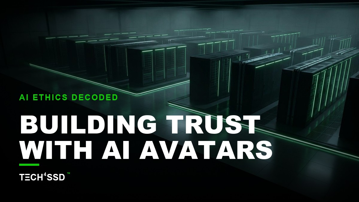 Stylized digital avatars in a futuristic, dark setting with neon-green accents, representing responsible AI avatar technology.