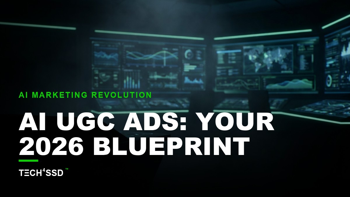 Futuristic interface showing AI UGC ads being generated, with performance metrics overlaid, dark background.