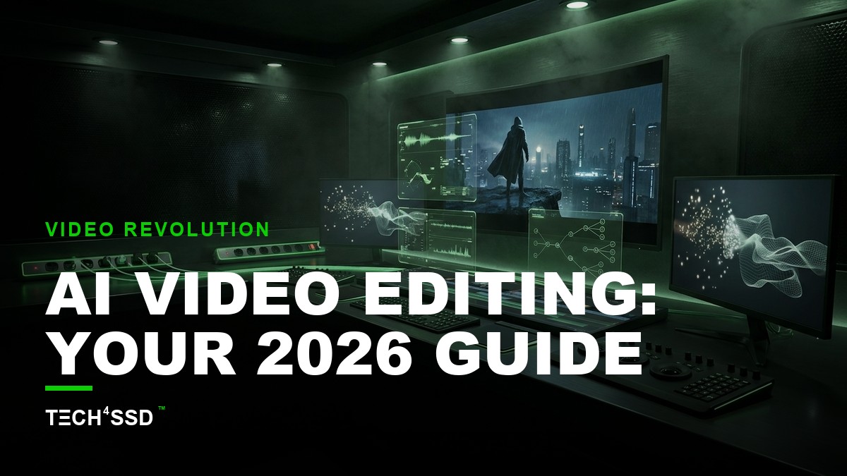 Futuristic interface showing AI video editing software with glowing elements, hyper-realistic AI-generated video playing, and text prompts turning into visuals, representing the power of AI video editing.