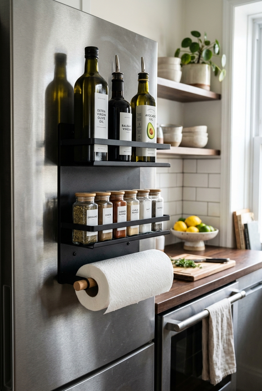 Matte black magnetic organizer mounted to the side of a stainless refrigerator