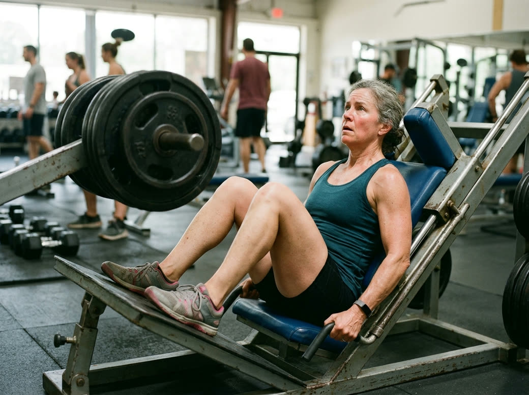 A strong, fit older woman on a leg-press machine, looking frustrated