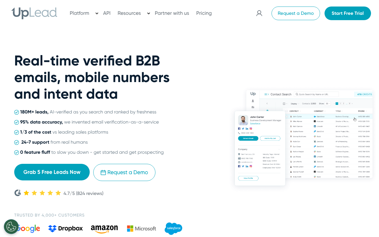 UpLead homepage - real-time verified B2B contact data platform