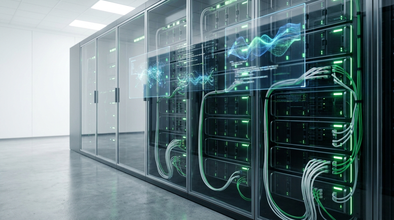 Server rack with code, representing the efficient deployment of Falcon OCR Arabic.
