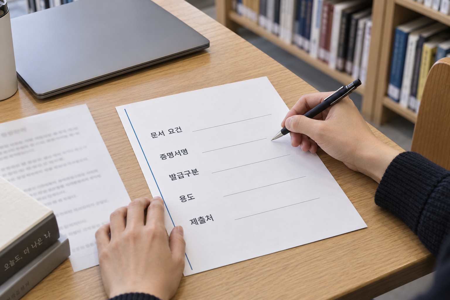 채용공고의 증명서 요건을 결제 전에 기록하고 대조하는 설명용 장면
