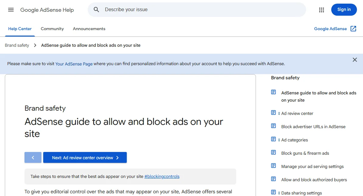 Google AdSense Blocking Controls and Ad Review Center official guide