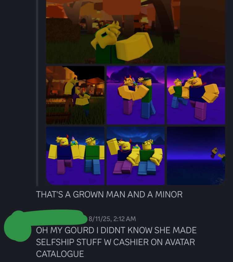 numerous instances of her adult oc and cashier being made to pose together romantically on avatar catalog creator on roblox, you can see my surprise knowing that she did this without me knowing