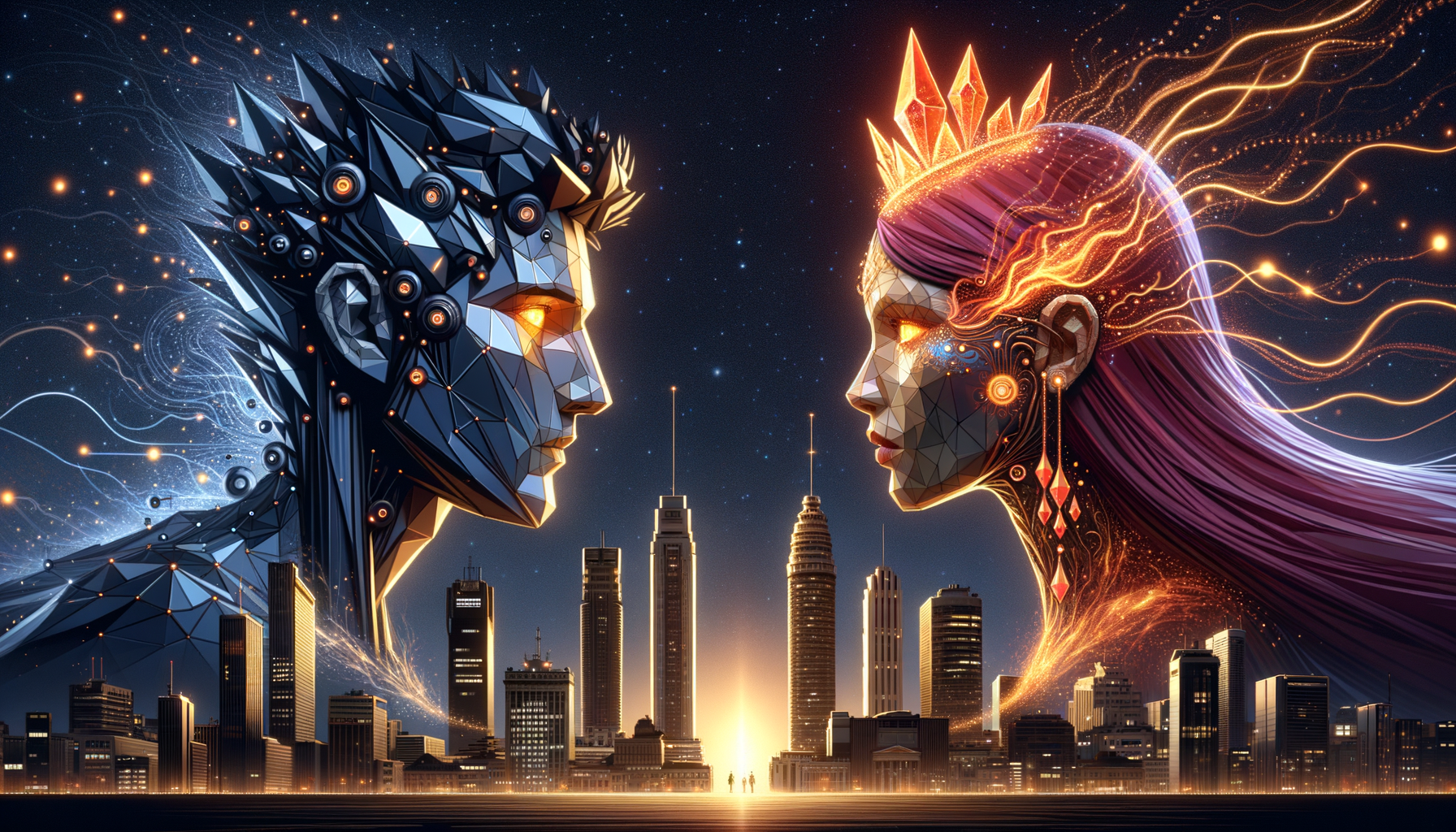 Dos entidades digitales encontrándose en la noche de Buenos Aires