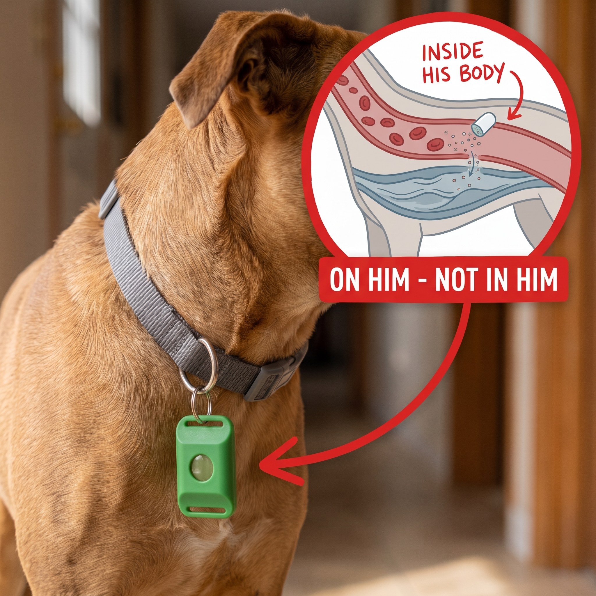 The pendant clips on the outside of his collar — the magnifier shows the bloodstream it never enters