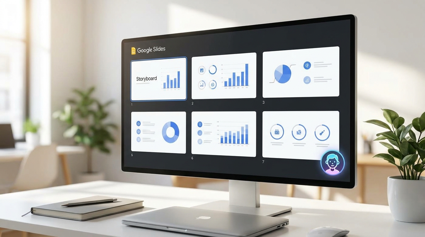 Digital storyboard generated from Google Slides for an AI training video, showing various scenes and an AI avatar icon.