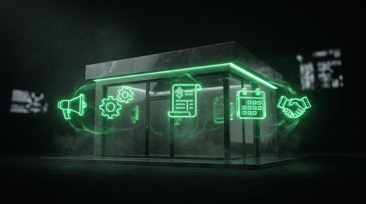 Five glowing green workflow icons orbiting a small-business storefront
