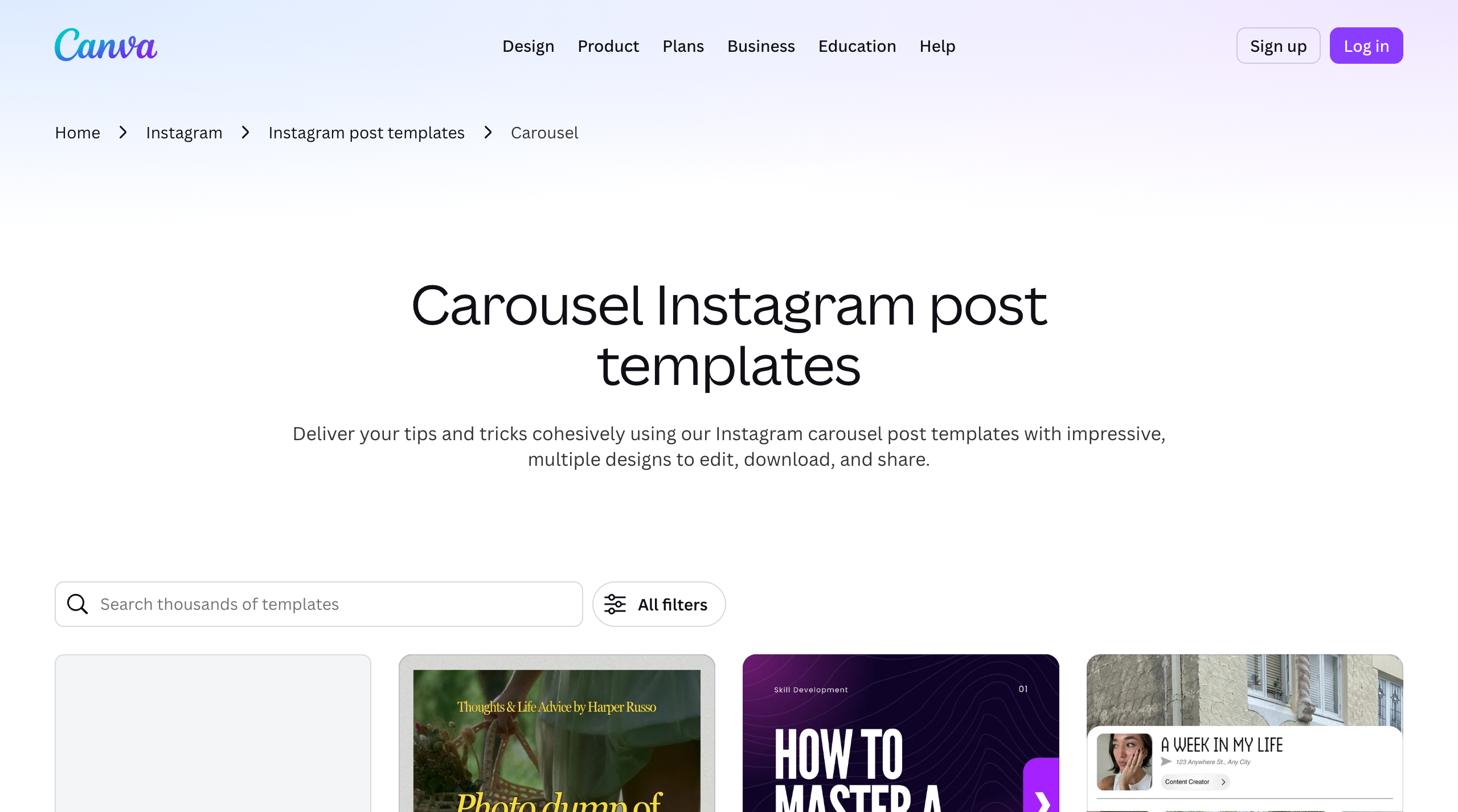 Canva Carousel Instagram post templates page showing a searchable gallery of editable carousel designs