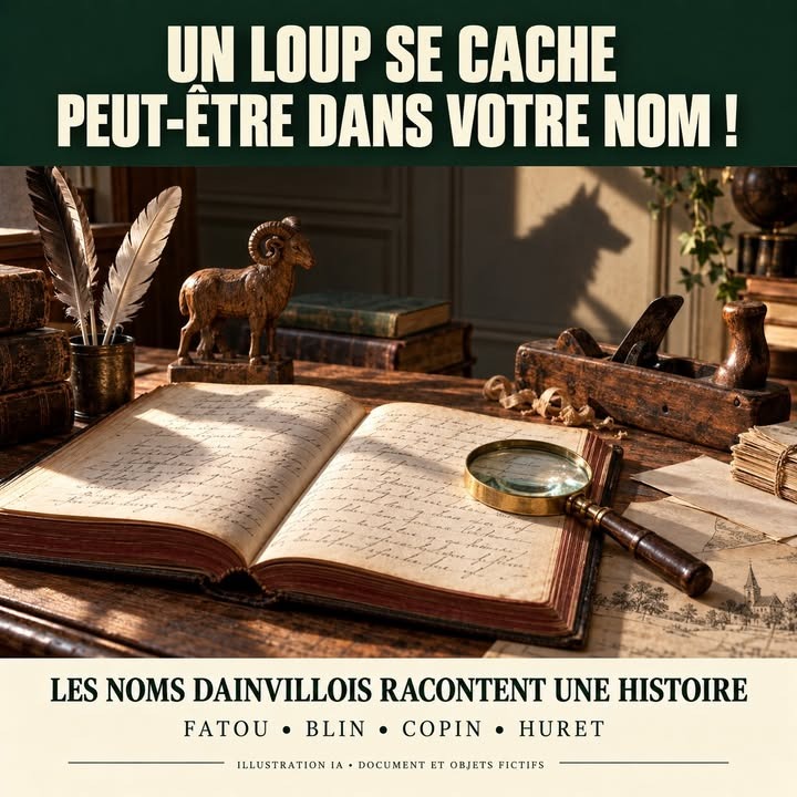 Bureau antique avec livre ouvert, loupe, plumes, figurine de bélier et ombre de loup sur le mur.