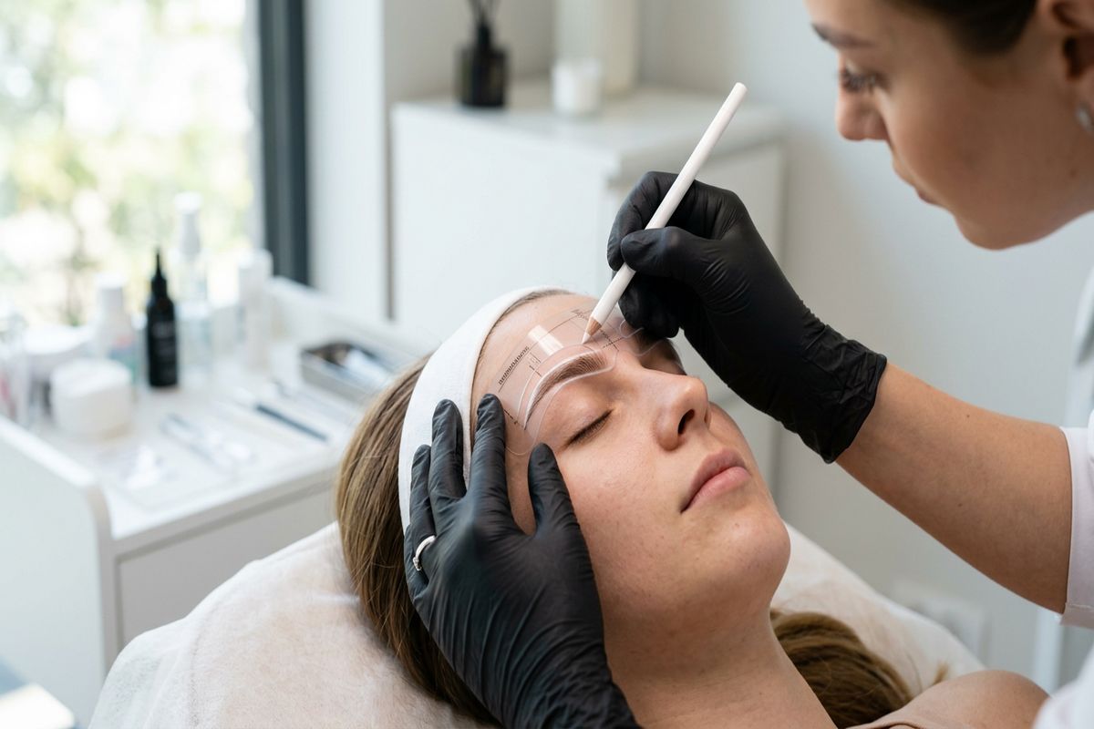 Traçage du patron sourcil lors d'une séance de microblading — ArtMakeUp Academy