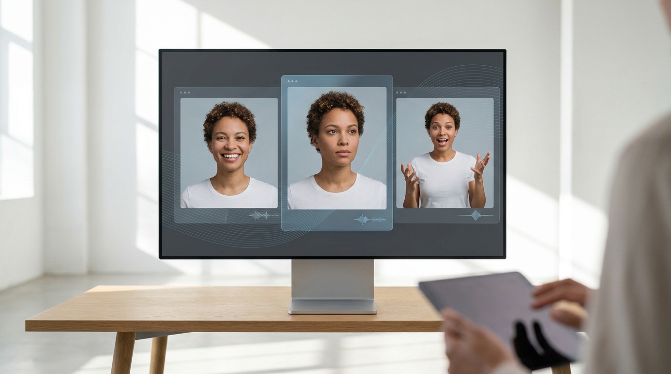 Google Vids AI avatar showing emotional steering with various expressions