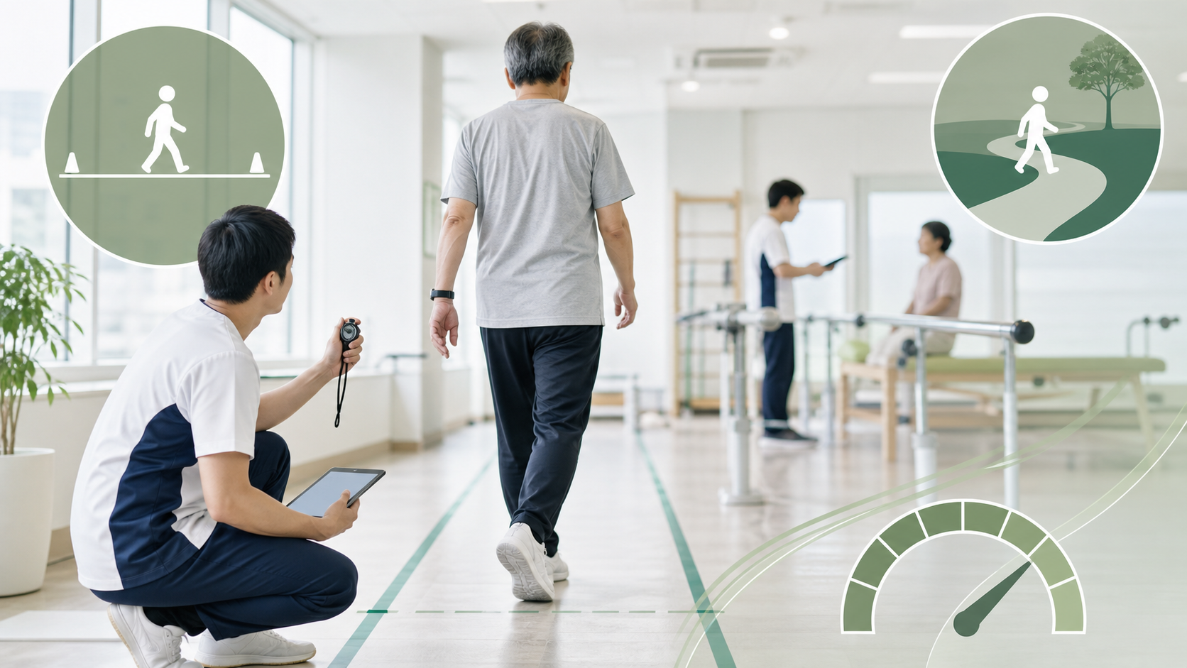 脳卒中後の歩行速度と6分間歩行を評価しているリハビリ場面