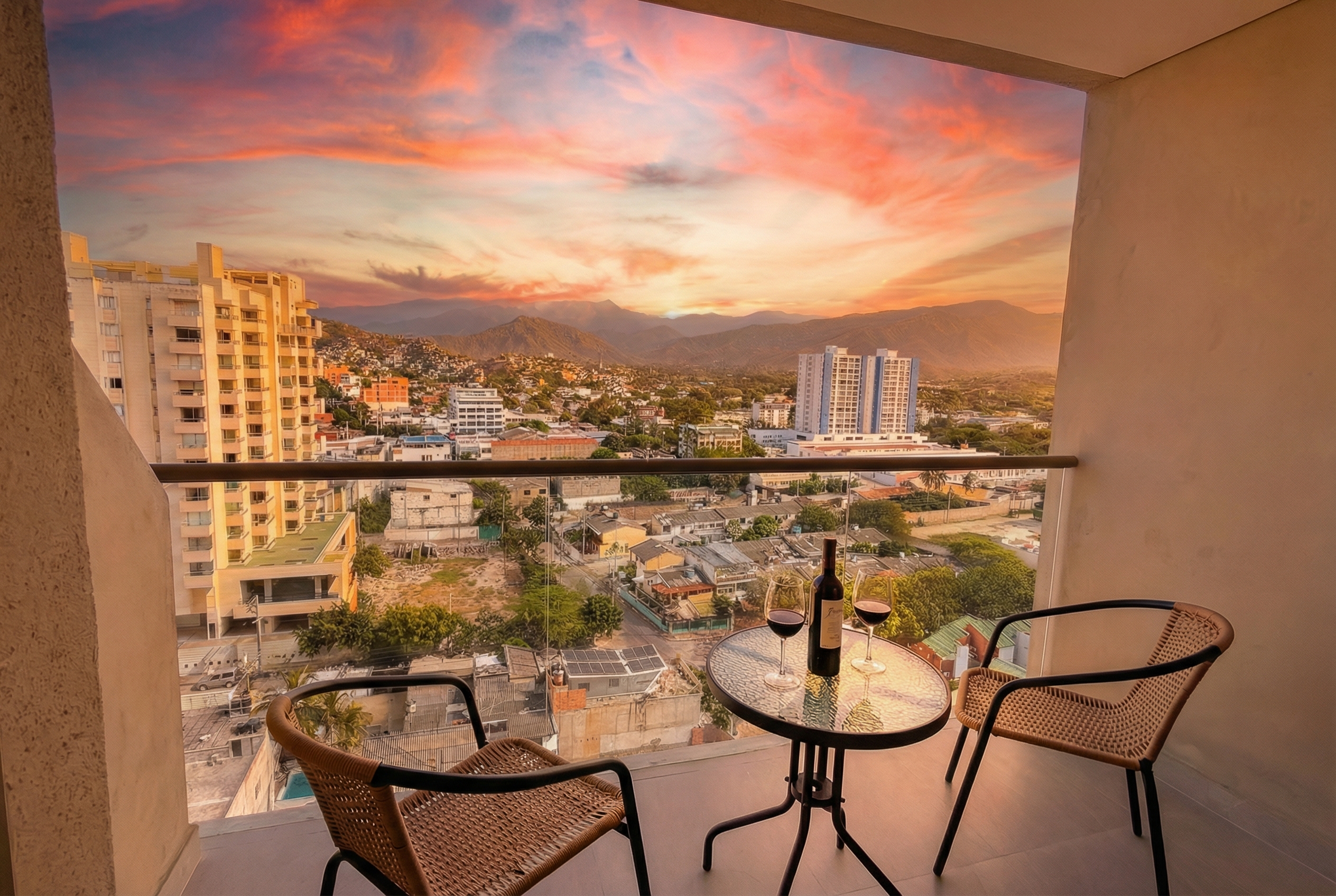 Balcón piso 11 al atardecer con vista panorámica a la ciudad y las montañas