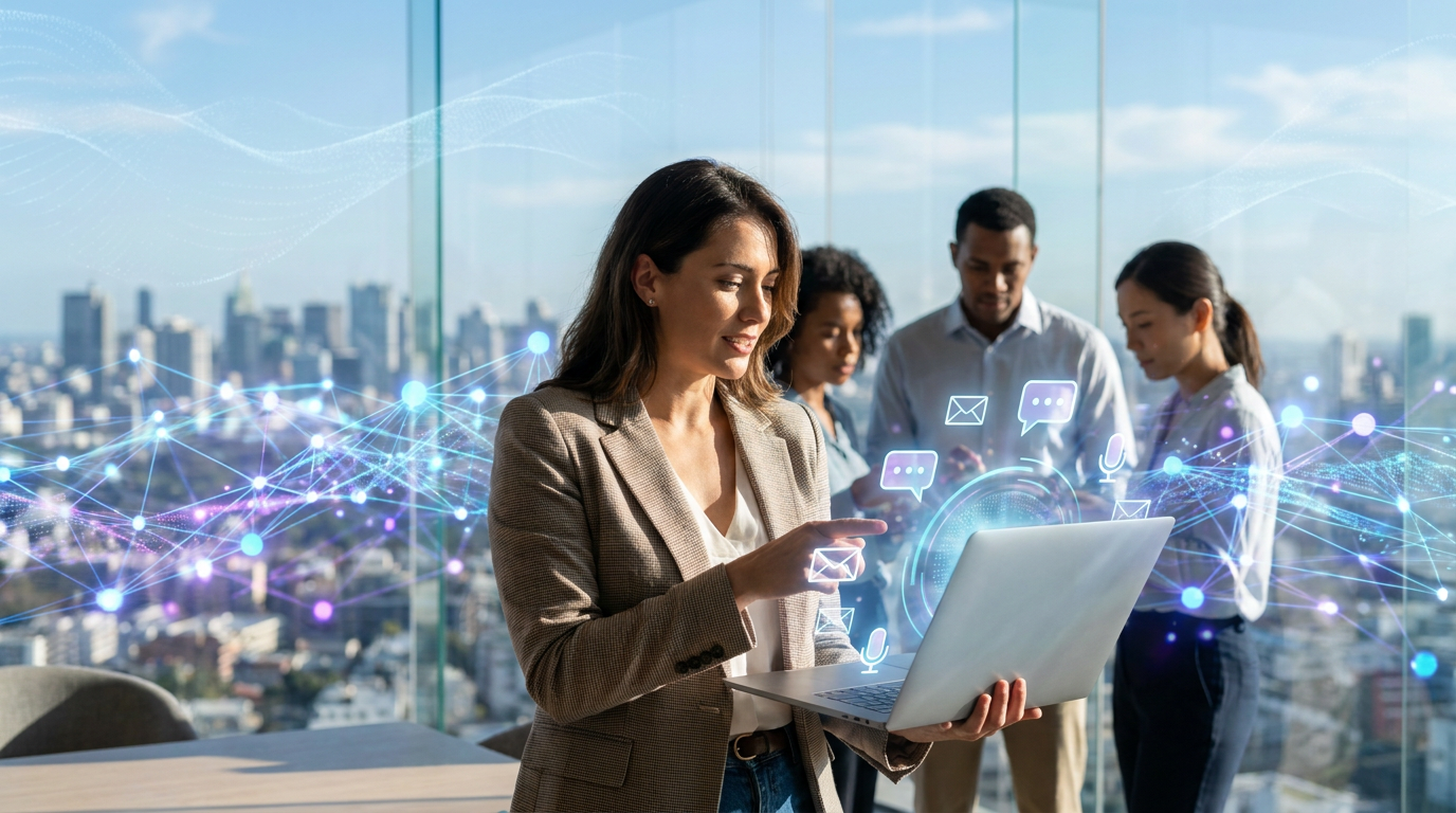 AI agents connected in a network, with a person on a laptop showing various communication channels, representing the power of AI agent platforms for an AI agency.