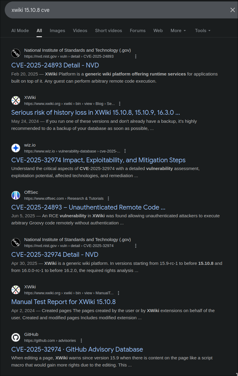 CVE search results
