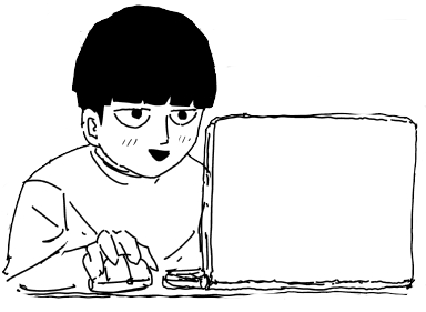 transparent png of mob from mob psycho 100 drawn in ONE's artstyle looking at a laptop and smiling