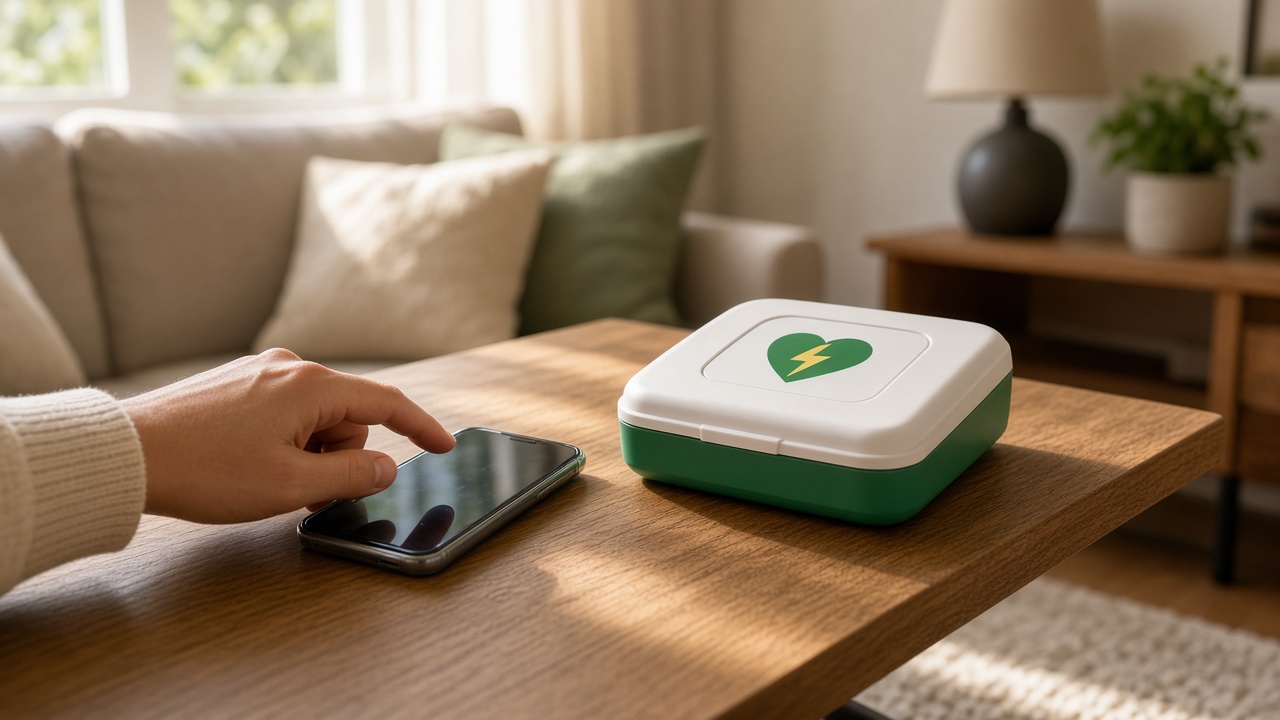 Een telefoon en een wit-groene AED op een tafel in een woonkamer