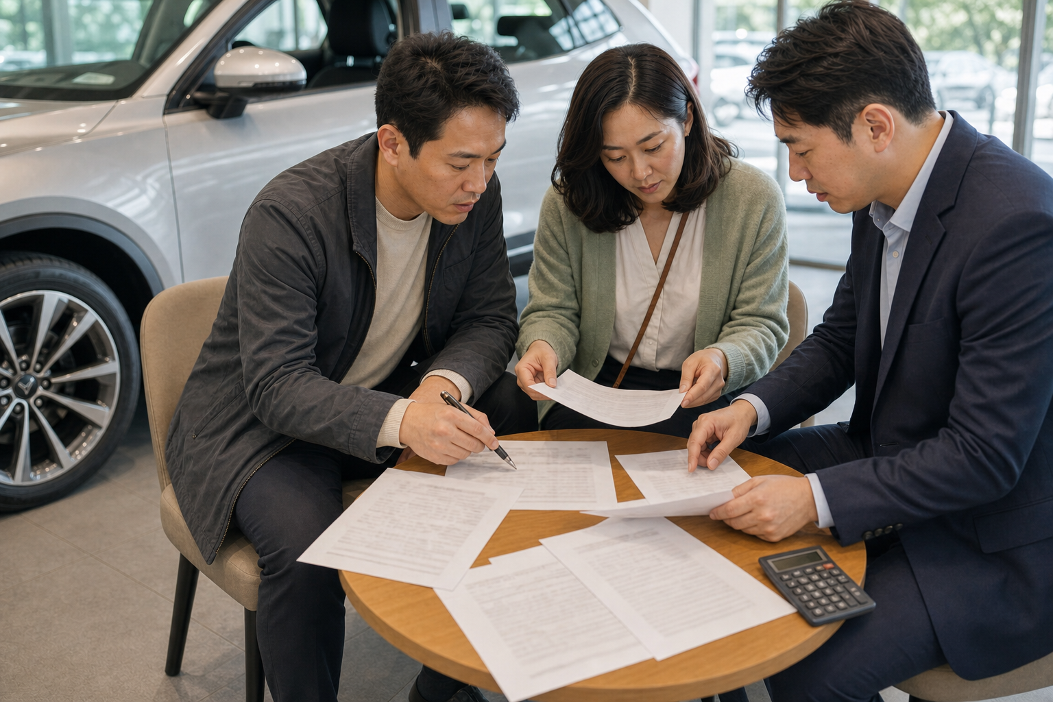신차 구매자와 판매 담당자가 취득·등록 관련 서류를 확인하는 장면