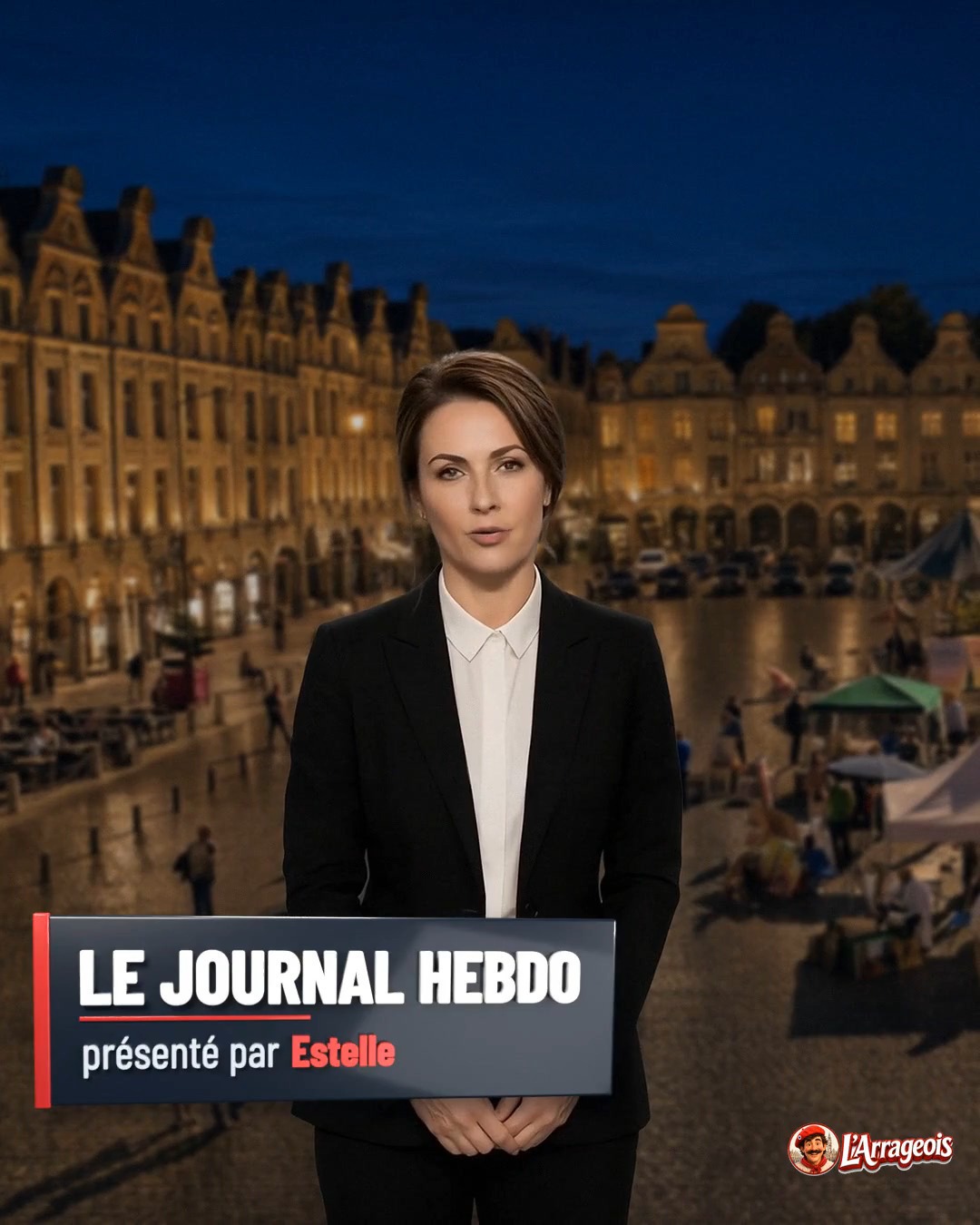Une présentatrice en costume noir se tient devant une place urbaine illuminée au crépuscule, avec des bâtiments historiques et des terrasses de café en arrière-plan.