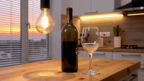 A quiet kitchen at 7:47pm with a bottle and glass on the counter, a looping ambient scene
