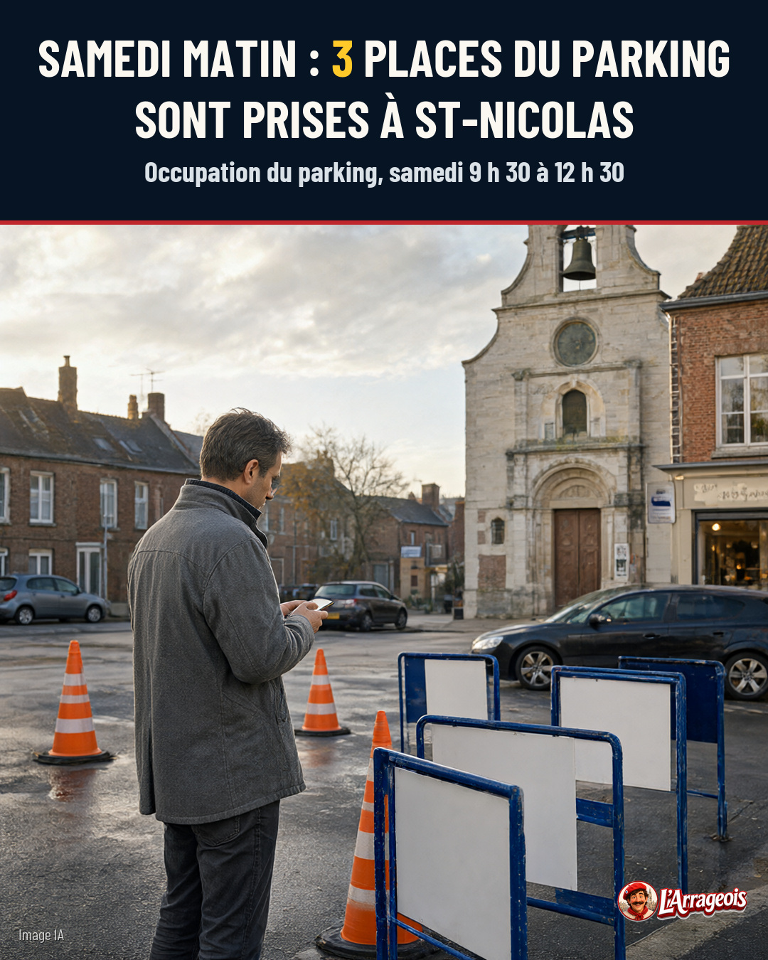 Un homme en veste grise regarde son téléphone devant des barrières bleues et des cônes orange, avec une église en pierre et des voitures en arrière-plan.
